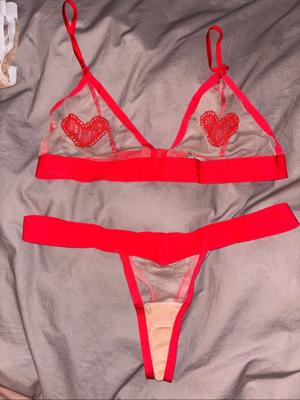 For Love And Lemons Red Sheer Heart Appliqué Bralette & Thong Set